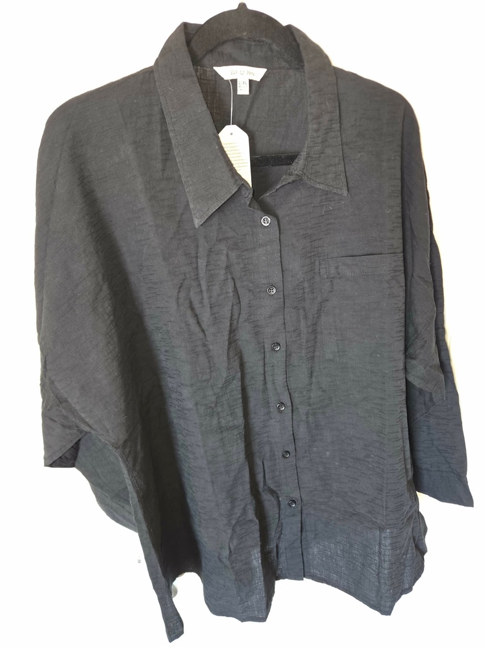 Yak & Yeti Textured Dolman Sleeve Oversized Button-Down Top in Black Size L/XL